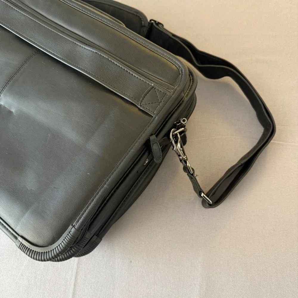Dell Black Leather Laptop Messenger Bag Briefcase‎ Retractable handles